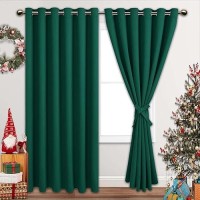 Jiuzhen Forest Green Blackout Curtains With Tiebacks Light Blocking And Noise Reducing Grommet Curtains For Bedroom And Living