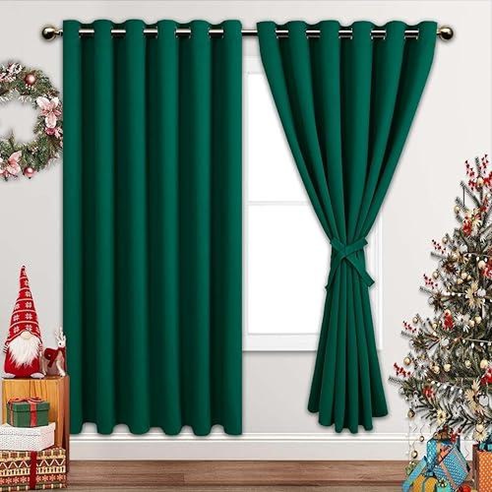 Jiuzhen Forest Green Blackout Curtains With Tieback Light Blocking And Noise Reducing Grommet Curtains For Bedroom And Living R