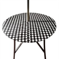 Hipinger Vinyl Round Fitted Tablecloth With Zipper And Umbrella Hole, Outdoor Oil Waterproof Stain Resisteant Pvc Table Cover For Party, Picnic And Patio 40-44 Inch, White And Black Checkered