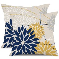 Outdoor Pillow Covers 18X18 Inch Set Of 2 Navy Blue Yellow Outdoor Waterproof Decorative Throw Pillows Summer Spring Decor For H