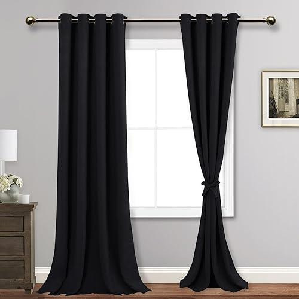 Jiuzhen Black Blackout Curtains With Tiebacks Thermal Insulated Light Blocking And Noise Reducing Grommet Curtains For Bedroo