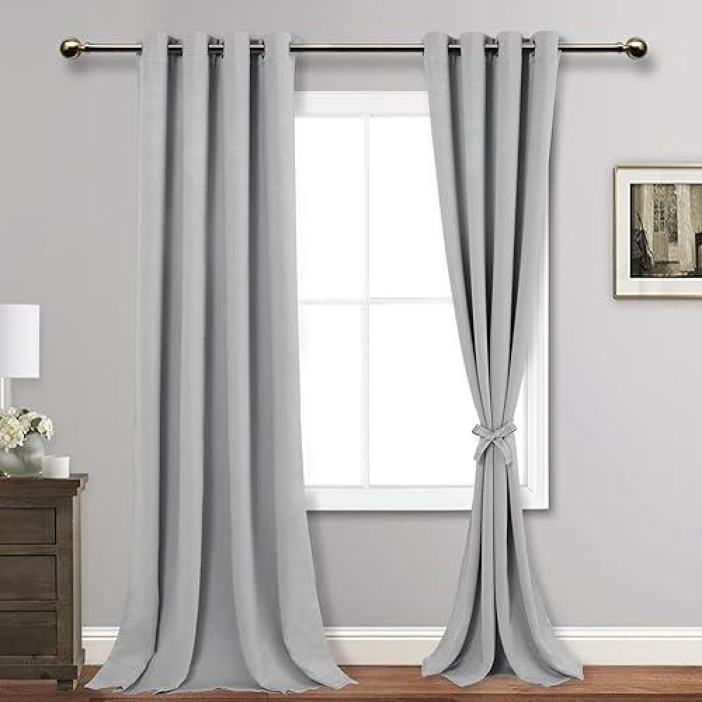 Jiuzhen Silver Grey Blackout Curtains With Tiebacks Thermal Insulated Light Blocking And Noise Reducing Grommet Curtains For An