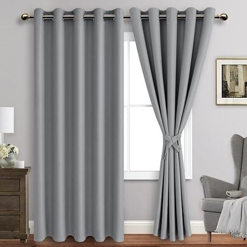 Jiuzhen Light Grey Blackout Curtains With Tiebacks Thermal Insulated Light Blocking And Noise Reducing Grommet Curtains For Bedr