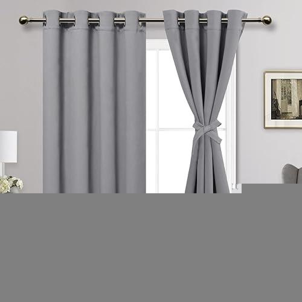 Jiuzhen Light Grey Blackout Curtains With Tiebacks Thermal Insulated Light Blocking And Noise Reducing Grommet Curtain For Bedr