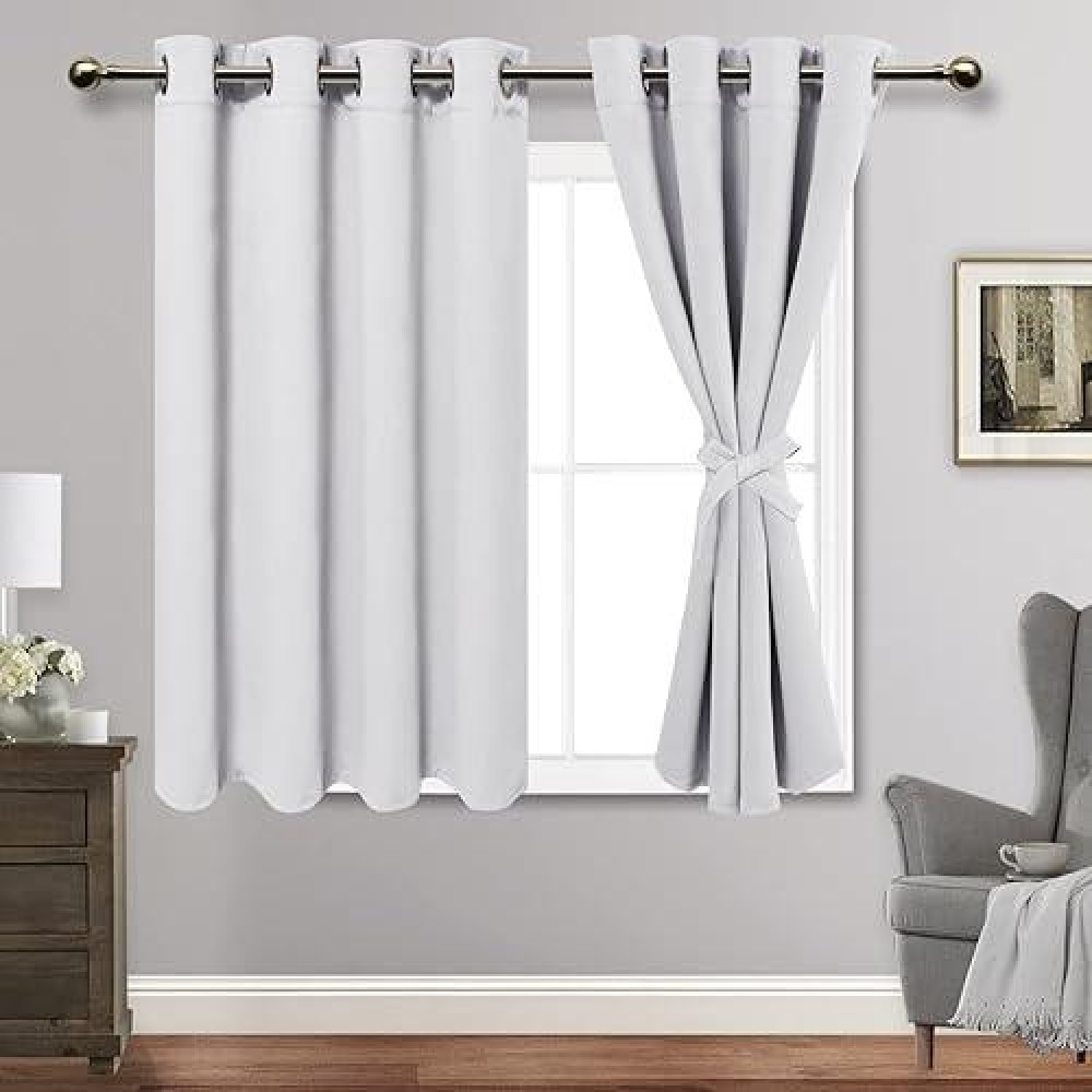 Jiuzhen Greyish White Blackout Curtains With Tiebacks Thermal Insulated Light Blocking And Noise Reducing Grommet Curtains For