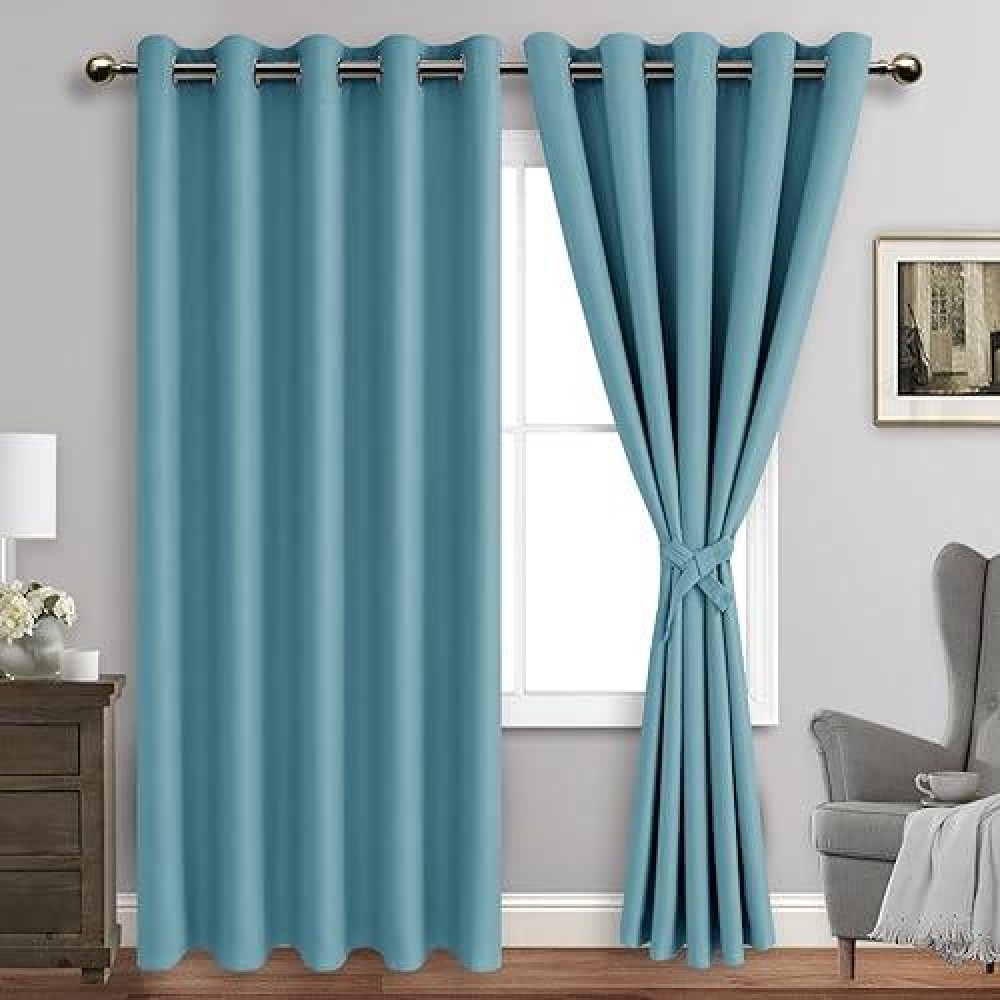 Jiuzhen Turquoise Blackout Curtains With Tiebacks Thermal Insulated Light Blocking And Noise Reducing Grommet Curtains For Bedr