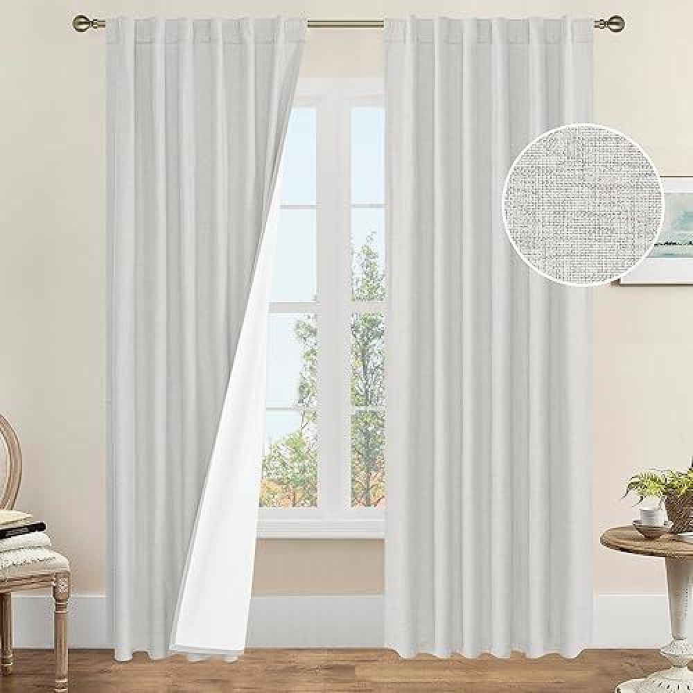 Lamit 100 Blackout Curtains For Living Room 95 Inches Light Grey Linen Textured Thermal Bedroom Curtains Back Tab And Rod Pock