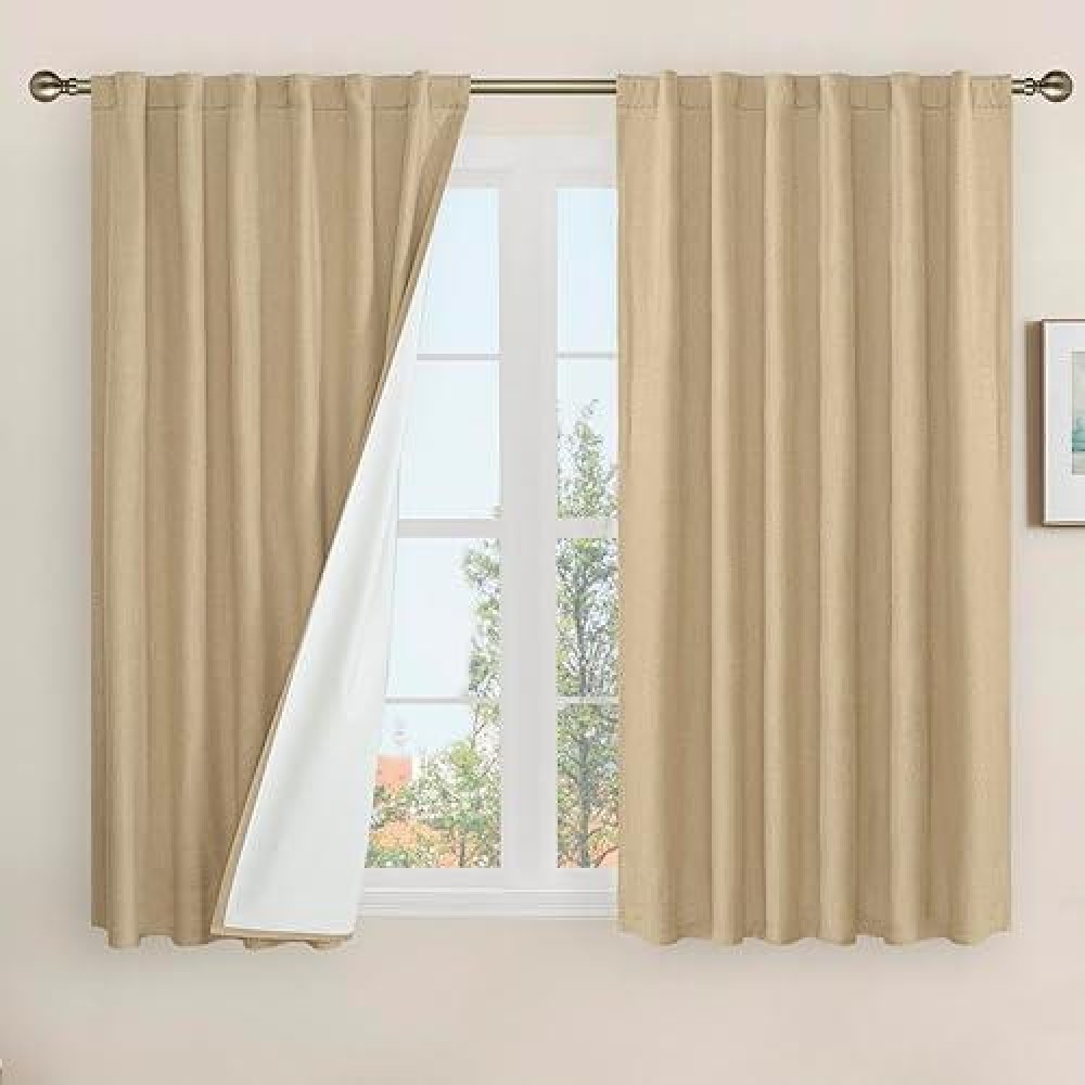 Lamit Natural Linen 100 Blackout Window Curtains For Bedroom 45 Inches Linen Textured Thermal Farmhouse Curtains Back Tab And