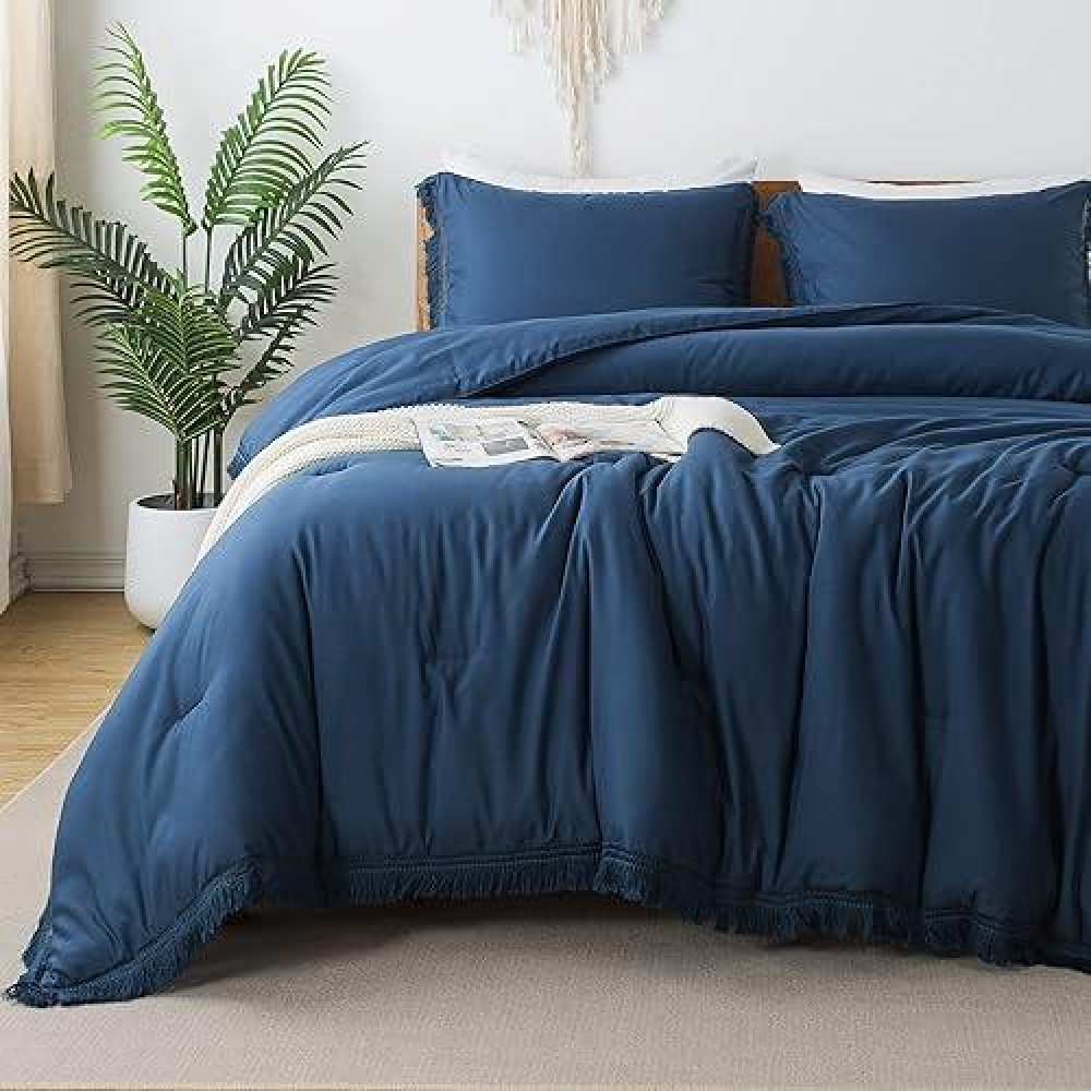 Andency Navy Blue Comforter Set Full Size  3 Pieces Boho Tassel Lightweight Bedding Comforter Sets  All Season Soft Fluffy Fringe Bed Set (79X90In Comforter & 2 Pillowcases)