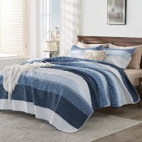 Andency Navy Blue Striped Quilt Twin(68X86Inch)  2 Pieces (1 Striped Quilt And 1 Pillowcase) Patchwork Bedspread Coverlet Set  Soft Microfiber Lightweight Quilted Bedding Set