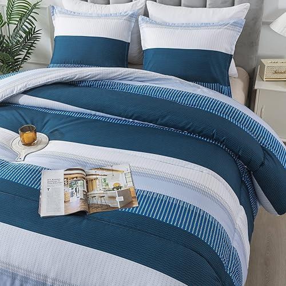 Andency Stripe Comforter Set Full Size (79X90 Inch)  3 Pieces Navy Patchwork Striped Comforter  Soft Microfiber Down Alternative Comforter Bedding Set With Corner Loops