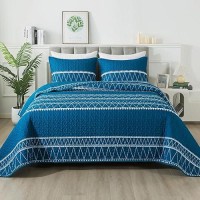 Andency Teal Quilt Set Twin (68X86 Inch)  2 Pieces(1 Striped Triangle Printed Quilt And 1 Pillowcase)  Bohemian Summer Lightweight Reversible Microfiber Bedspread Coverlet Sets