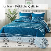 Andency Teal Quilt Set Twin (68X86 Inch)  2 Pieces(1 Striped Triangle Printed Quilt And 1 Pillowcase)  Bohemian Summer Lightweight Reversible Microfiber Bedspread Coverlet Sets