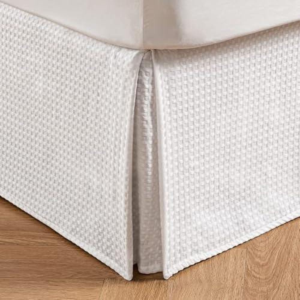 Miye Pleated Waffle Weave Bed Skirt Tailored Dust Ruffle 16 Inch Drop Easy Fit Machine Washable White Full 16 Drop