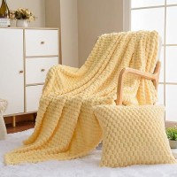 Vessia Flannel Fleece Throw Blanket(50X71Inch) With Pillow Cover(18X18Inch)  3D Jacquard Light Yellow Fuzzy Blanket For Couch Sofa Bed Chair  300Gsm Super Soft Cozy Lightweight Throw For All-Season