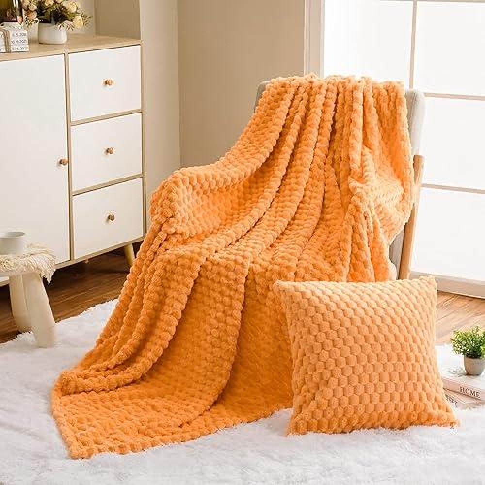 Vessia Flannel Fleece Throw Blanket(50X71Inch) With Pillow Cover(18X18Inch)  3D Jacquard Light Orange Fuzzy Blanket For Couch Sofa Bed Chair  300Gsm Super Soft Cozy Lightweight Throw For All-Season