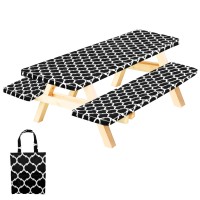 Rnoony 6Ft Vinyl Picnic Table Cover With Bench Covers,3Pcs Checkered Tablecloth With Moroccan Design, Camping Tablecloth And Travel Accessories, Flannel Backing With Elastic Edges, 72X30 Inches