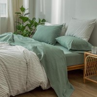 Moomee Bedding Sheet Set 100 Washed Cotton Linen Like Textured Breathable Durable Soft Comfy Green King