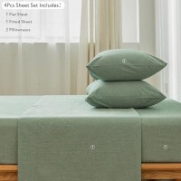 Moomee Bedding Sheet Set 100 Washed Cotton Linen Like Textured Breathable Durable Soft Comfy Green King