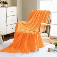 Vessia Flannel Fleece Striped Bed Blanket Twin Size(60X80Inch)  300Gsm Microfiber Light Orange Comfy Blanket  Soft Warm Cozy Lightweight Ribbed Blanket For All-Season