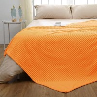 Vessia Flannel Fleece Striped Bed Blanket Twin Size(60X80Inch)  300Gsm Microfiber Light Orange Comfy Blanket  Soft Warm Cozy Lightweight Ribbed Blanket For All-Season