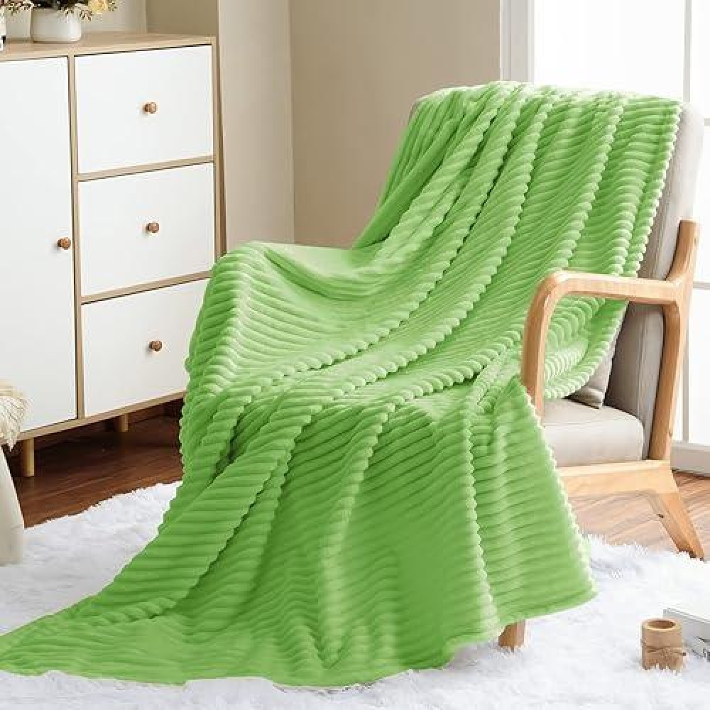 Vessia Flannel Fleece Throw Blanket For Couch Sofa Bed  300Gsm Microfiber Green Striped Chair Blanket For Adults And Kids  Super Soft Warm Cozy Lightweight Ribbed Throw For All-Season