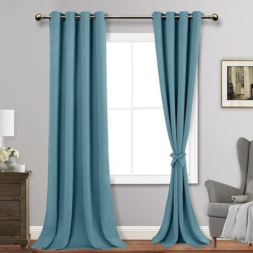 Jiuzhen Stone Blue Blackout Curtains With Tiebacks Thermal Insulated Light Blocking And Noise Reducing Grommet Curtains For And