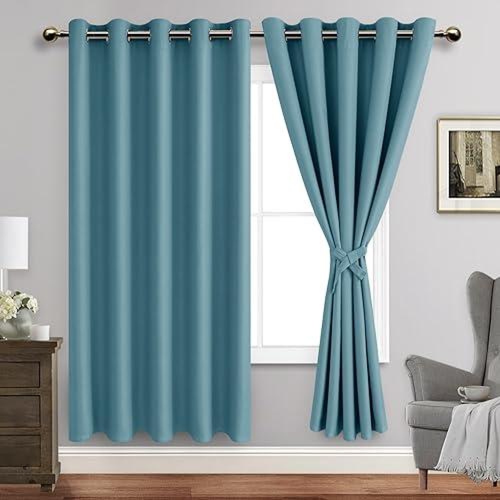 Jiuzhen Stone Blue Blackout Curtains With Tiebacks Thermal Insulated Light Blocking And Noise Reducing Grommet Curtains For And