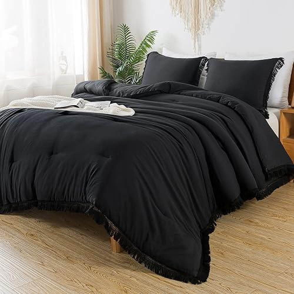 Andency Black Comforter Set California King  3 Pieces Boho Tassel Lightweight Bedding Comforter Sets  All Season Soft Fluffy Fringe Bed Set (104X96In Comforter & 2 Pillowcases)