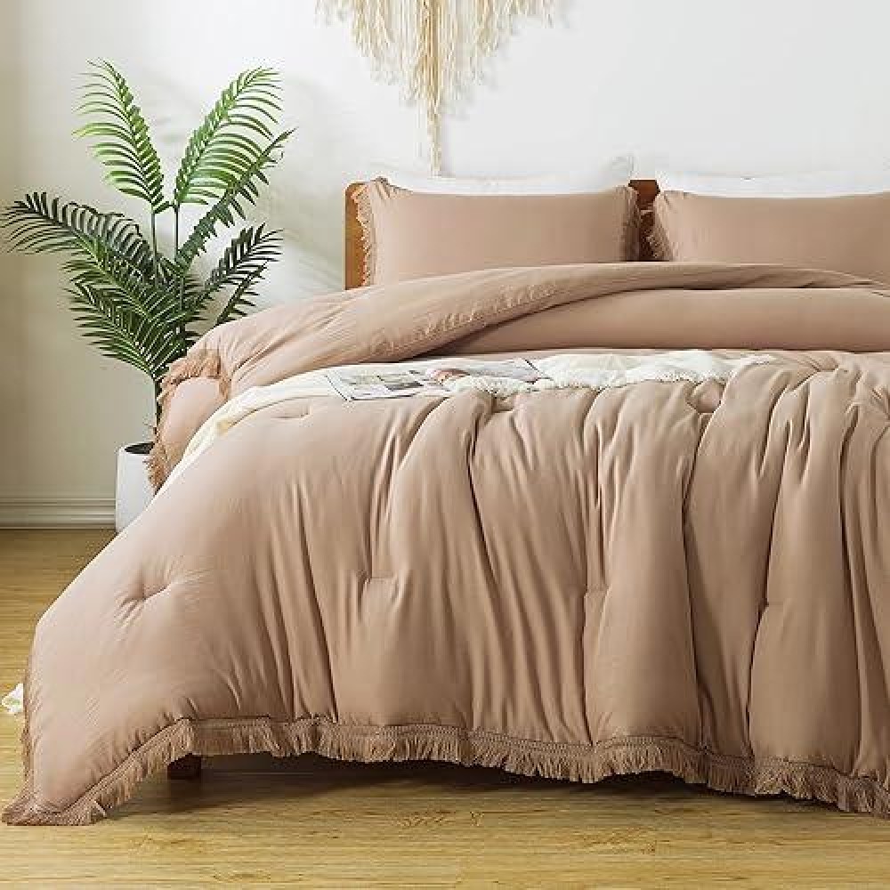 Andency Taupe Comforter Set California King  3 Pieces Boho Tassel Lightweight Bedding Comforter Sets  Tan All Season Soft Fluffy Fringe Bed Set (104X96In Comforter & 2 Pillowcases)