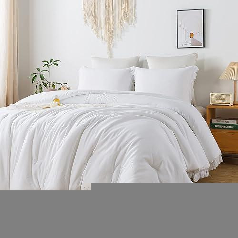 Andency White Comforter Set Twin Size  2 Pieces Boho Lightweight Tassel Bedding Comforter Sets  All Season Soft Fluffy Fringe Bed Set (66X90In Comforter & 1 Pillowcase)