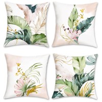 Bonhause Green And Pink Leaves Throw Pillow Covers 18X18 Set Of 4 Tropical Palm Leaf Decorative Pillows Case Soft Velvet Cushion Covers For Outdoor Couch Sofa Patio Decor