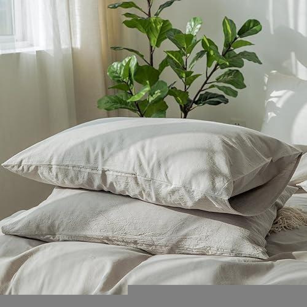 Moomee Bedding Pillowcases Pack Of 2 100 Washed Cotton Linen Like Textured Breathable Durable Soft Comfy Pastel Grey King