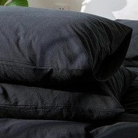 Moomee Bedding Pillowcases Pack Of 2 100 Washed Cotton Linen Like Textured Breathable Durable Soft Comfy Black Queen