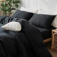 Moomee Bedding Pillowcases Pack Of 2 100 Washed Cotton Linen Like Textured Breathable Durable Soft Comfy Black Queen