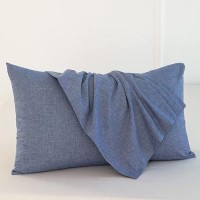 Moomee Bedding Pillowcases Pack Of 2 100 Washed Cotton Linen Like Textured Breathable Durable Soft Comfy Blue Queen