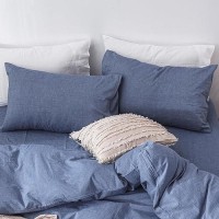 Moomee Bedding Pillowcases Pack Of 2 100 Washed Cotton Linen Like Textured Breathable Durable Soft Comfy Blue Standard