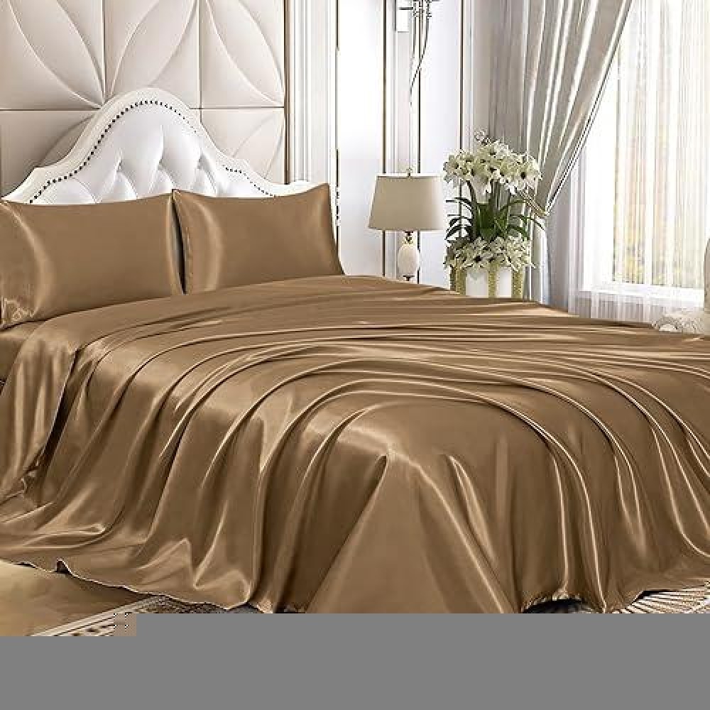 Homiest 4Pcs Satin Sheets Set Luxury Silky Satin Bedding Set With Deep Pocket 1 Fitted Sheet 1 Flat Sheet 2 Pillowcases Qu