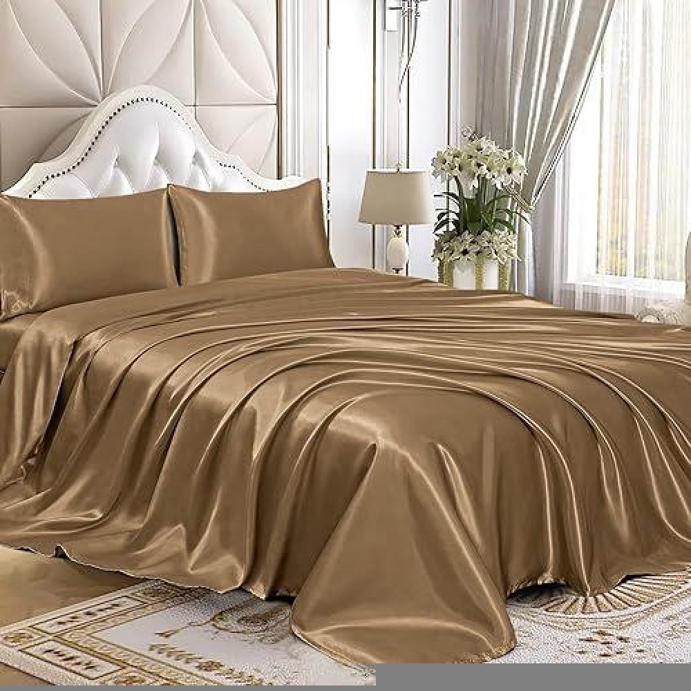 Homiest 4Pcs Satin Sheets Set Luxury Silky Satin Bedding Set With Deep Pocket 1 Fitted Sheet 1 Flat Sheet 2 Pillowcases Ki