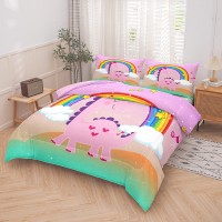 Ailor Shop Pink Dinosaur Bedding Set Twin Size Dinosaur Comforter Set For Girls Cartoon Rainbow Dino Comforter Sets For Kids Tee