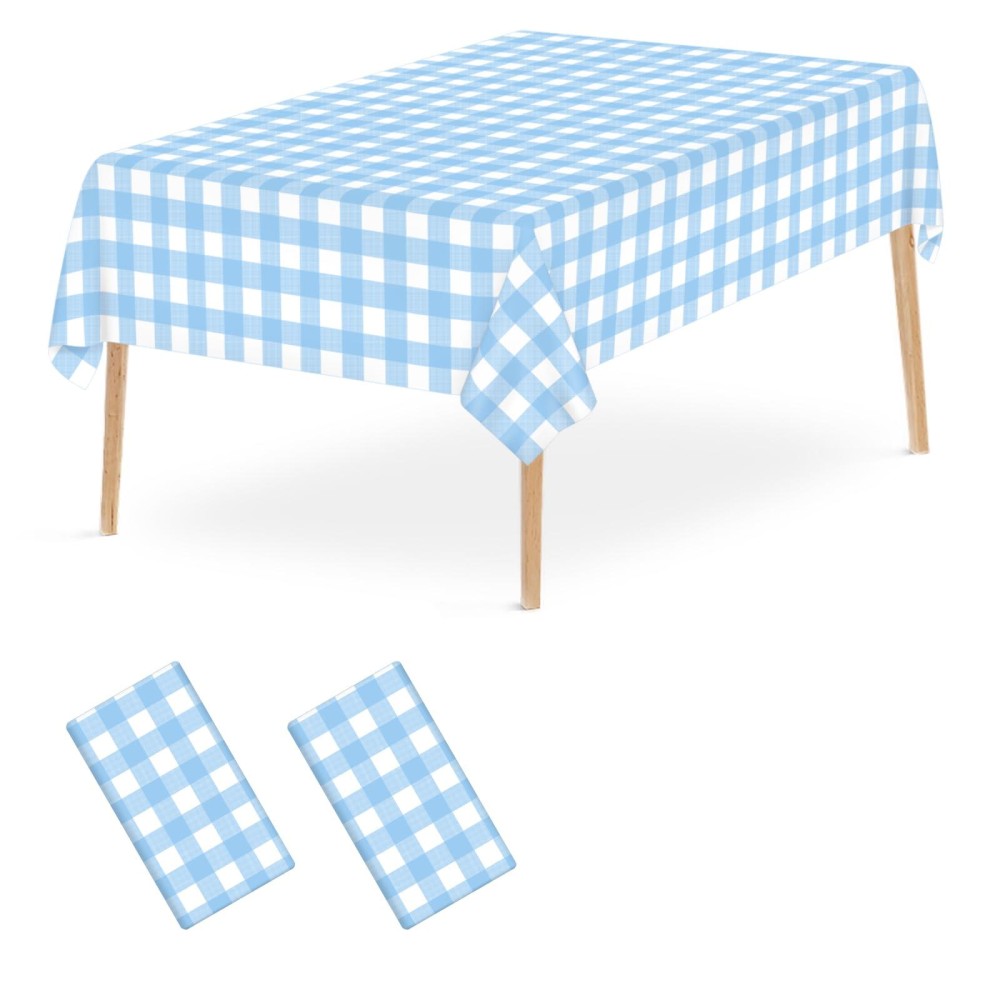 2 Pcs Light Blue Checkered Tablecloth 54 ?108 Inches Rectangle Blue Gingham Tablecloth Disposable Plastic Waterproof Table Cover For Outdoor Picnic, Kitchen, Holiday Birthday Party