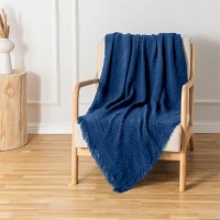 Boho Throw Blanket For Couch Navy Blue Throw Blanket Basket Weave Waffle Throw Blanket Lightweight Soft Woven Throw Blanket W