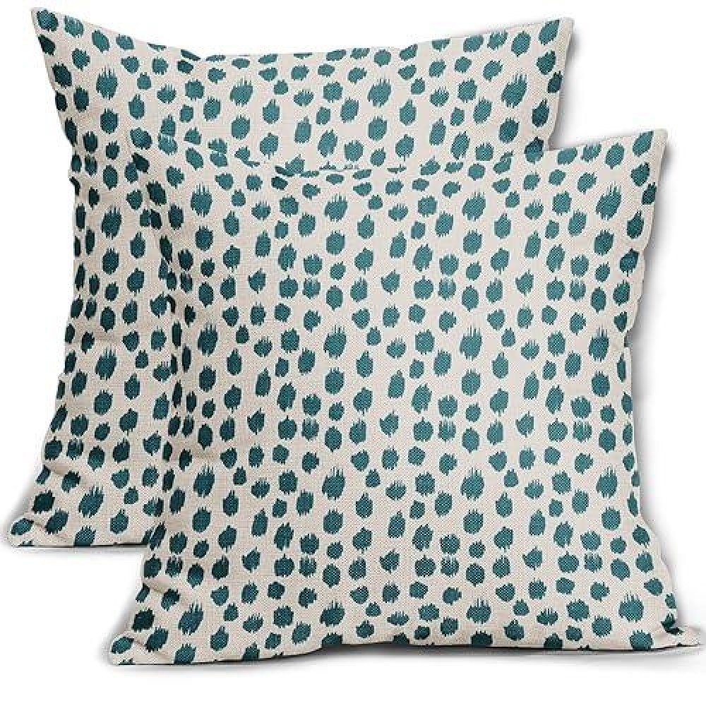 Teal Cream Pillow Covers 16X16 Set Of 2 Boho Design Polka Dot Throw Pillows Modern Brush Strokes Print Decorative Outdoor Pillow