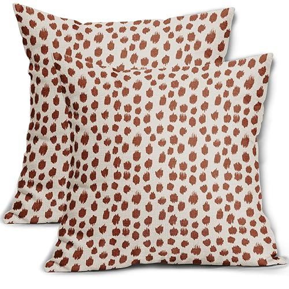 Burnt Orange Cream Pillow Covers 18X18 Set Of 2 Boho Design Polka Dot Throw Pillows Modern Brush Strokes Print Decorative Outdoo