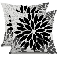 Dfxsz Black Grey Flower Pillow Covers 16X16 Inch Set Of 2 White Gray Colored Throw Pillows Outdoor Waterproof Decor For Living R