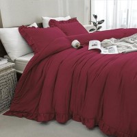 Andency Burgundy Comforter Set King 3 Pieces Farmhouse Shabby Chic Ruffle Comforter Lightweight Fluffy Soft Microfiber All Sea