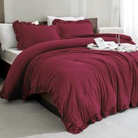 Andency Burgundy Comforter Set King 3 Pieces Farmhouse Shabby Chic Ruffle Comforter Lightweight Fluffy Soft Microfiber All Sea