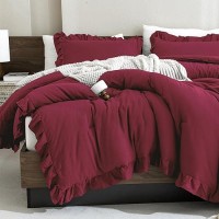 Andency Burgundy Comforter Set King 3 Pieces Farmhouse Shabby Chic Ruffle Comforter Lightweight Fluffy Soft Microfiber All Sea