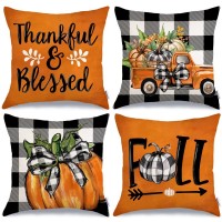 Geeory Fall Decorative Throw Pillow Covers 18 X 18 Inch Set Of 4 Pumpkins Thankful Blessed Buffalo Plaid Fall Decor Outdoor Far