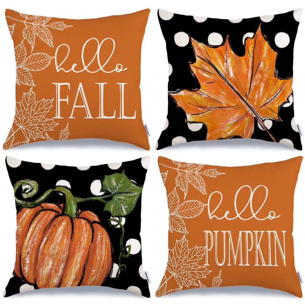 Geeory Fall Decorative Throw Pillow Covers 16 X 16 Inch Set Of 4 Hello Pumpkin Maple Leaves Fall Decor Outdoor Farmhouse Pillow